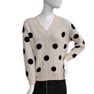 Ecowish Baggy Knit Sweater Size Small Beige & Black Polkadot V Neck Long Sleeve